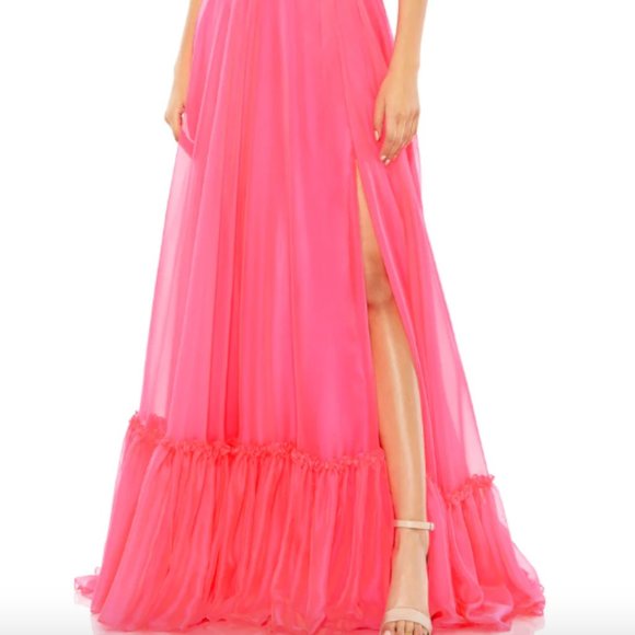 MAC DUGGAL 67816 HIGH NECK CHIFFON HALTER HOT PINK GOWN sz 16 - Picture 4 of 8